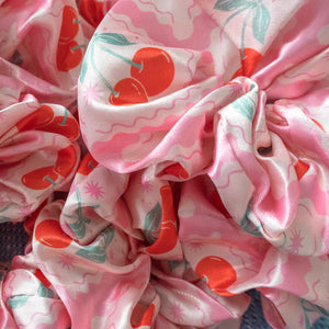 Pink Cherry Satin Scrunchies