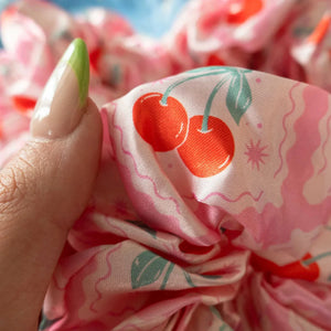 Pink Cherry Satin Scrunchies